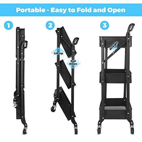 Foldable 3 Tier Metal Utility Rolling Cart, Folding Mobile Multi-Function Storage Trolley Organizer Cart for Home Library Office(Black)