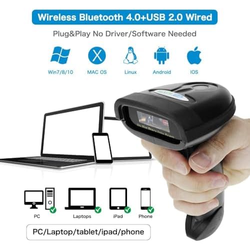 NETUM Bluetooth Barcode Scanner, Compatible with 2.4G Wireless & Bluetooth Function & Wired Connection, Connect Smart Phone, Tablet, PC, CCD Bar Code Reader Work with Windows, Mac,Android (NT-1228BC)