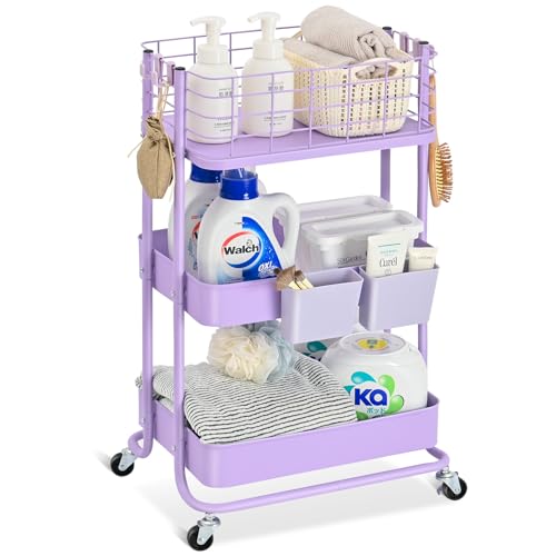 KINGRACK 3 Tier Rolling Cart, Metal Mobile Storage Shelf with Lockable Wheels, Prevent Falling Utility Trolley Cart, Storage Organizer for Kitchen, Office, Bathroom, Dorm, Purple