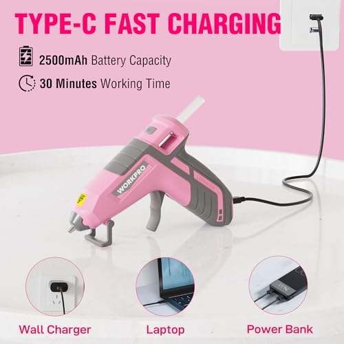 WORKPRO Pink 3.6V Cordless Hot Glue Gun + 20 Pcs Mini Glue Sticks (USB-C) Pink