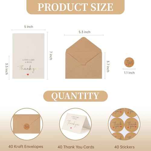 40 Pack Thank You Cards, Gold Foil Thank You Notes Bulk with Envelopes and Stickers, 5x3.5 Inchs Small Blank Inside for Personalized Messages, Thank You Cards for Wedding, Business, Graduation, Baby Shower, Holiday, Christmas, Gifts