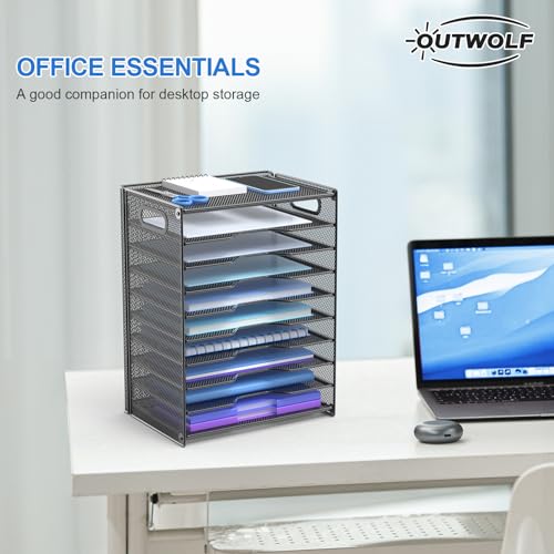 OUTWOLF 10-Tier Mesh Paper Organizer Letter Tray with Handles, Black - 1 Pack