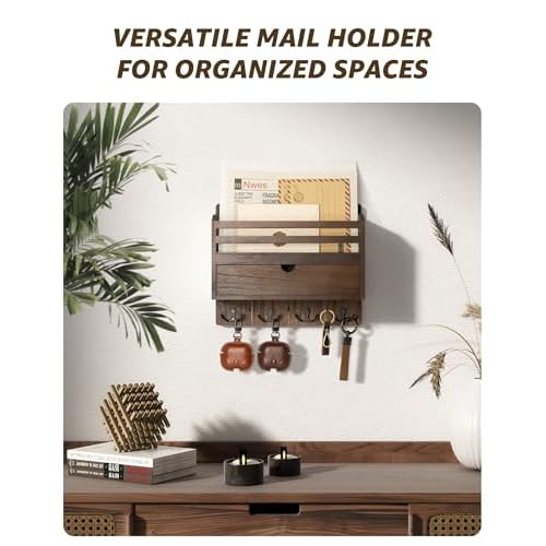 Rebee Vision Farmhouse Wood Mail Organizer Wall Mount - Key and Mail Holder for Wall with Storage Drawer and 7 Key Hooks - Rustic Home Decor for Entryway, Office and Garage (Retro Brown)