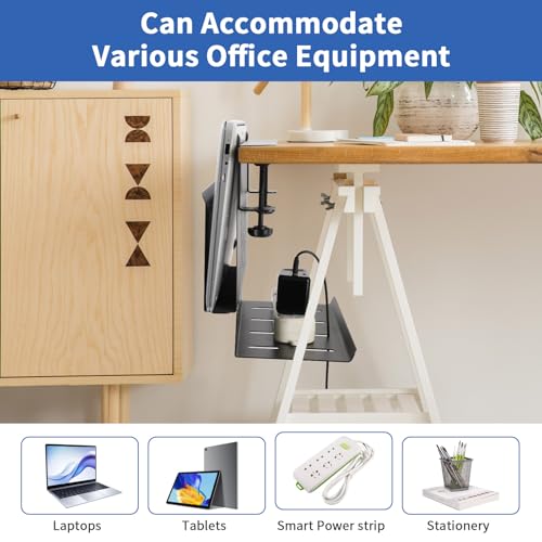 LUKETURE Desk Side Storage, Laptop Holder with Cable Management Tray, 2 in 1 Steel Under Desk Laptop Mount, Table Organization, Space Saving Table Accessories for Office and Home (Black)