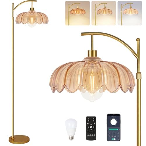 Floor Lamp for Living Room,Bedroom,Gold Dimmable Standing Lamp with Remote,Mid Century Modern Brass Tall Lamp Retro Vintage Green Glass Lamp Floor Light Boho Bohemian