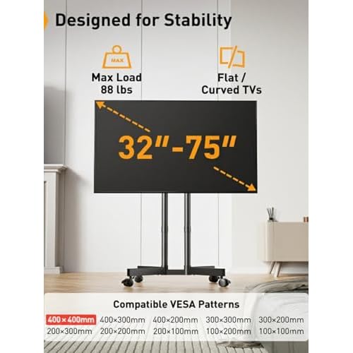 Perlegear Rolling TV Stand, Mobile TV Stand with Wheels for 32-75 inch TVs, Height Adjustable Mobile TV Cart with -15¡Æ to +5¡Æ Tilt, Rolling Cart for 4K TV Max VESA 400x400mm up to 88lbs, PGTVMC14