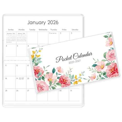 Pocket Calendar 2025-2027 for Purse, 2025-2026 Pocket Planner 30 Months with Soft Waterproof Cover and Premium Paper, 6.5" x 3.5", Floral