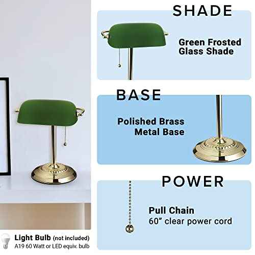 Catalina Lighting 17466-017 13.5'' Traditional Banker's Lamp Light Fixture with Green Glass Cylinder Shade for Office, Library, Living Room, or Dorm, Polished Brass