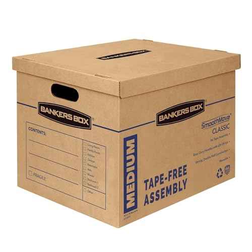 Bankers Box Medium Classic Moving Box 8 Pack, Reinforced Handles, Tape-Free Assembly, Box with Lid, 19-in x 14.5-in x 15.5-in (7717201)