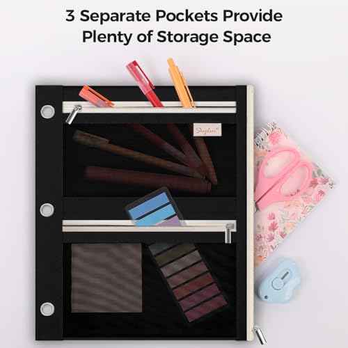 SKYDUE 3 Ring Pencil Pouch for Binder, Zipper Binder Pencil Pouch with 3 Pockets and Mesh Window, Durable Organizer for School Supplies, Cables, Earbuds, Makeup