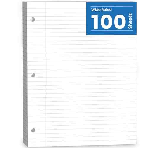 Loose Leaf Paper, 100 Sheets Notebook Paper, Binder Lined Paper Wide Ruled, 8.5'' x 11'' Loose Leaf, 3-Hole Punched Filler Writing Paper, 3-Ring Binder Note Papers, White