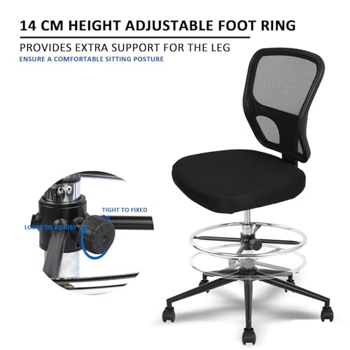 HYLONE Black Adjustable Drafting Chair Tall Office Stool with Footrest & Wheels