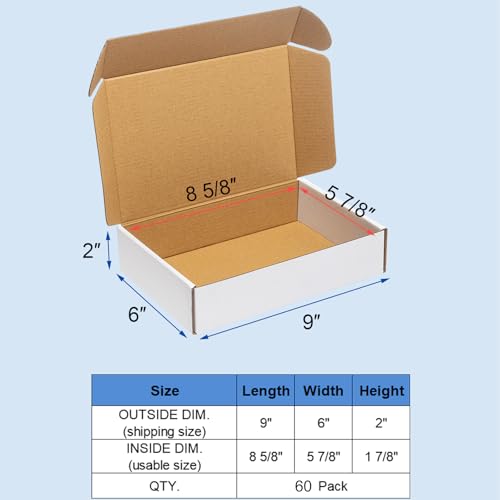 Wowxyz 9x6x2 Inch White Corrugated Shipping Boxes 60 Pack - Heavy Duty Mailers