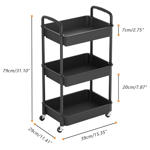 MOYIPIN 3-Tier Rolling Utility Cart with Handle, Black, 31.1" High, 15.35"D x 11.41"W, 360° Casters