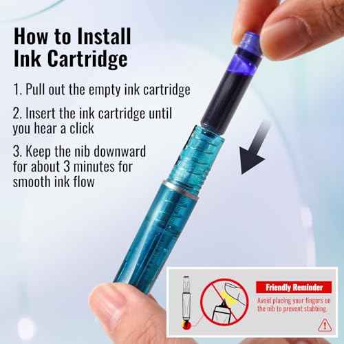 WRITECH Clictek Fountain Pen Set: Retractable Style Blue Ink Medium Nib Transparent Barrel, Includes 5 Ink Cartridges for Gift Set, Smooth Writing No Leaking
