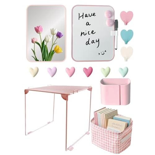 Pink Locker Accessories Kit for Girls with Locker Shelf, Magnetic Locker Mirror & Whiteboard, Storage Basket, Hook, Magnets, 17 Piece Locker Organizer & Decor for Work, Back to School Essentials