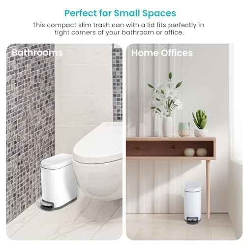Home Zone Living 2-Pack 1.3 Gallon Small White Bathroom Trash Can with Lid and Step Pedal, Stainless Steel Wastebasket with Slim Ribbed Design for Home and Office, 5 Liters