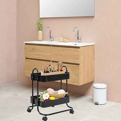 Melody House 2 Tier Metal Mesh Utility Rolling Cart Storage Organizer with Lockable Wheels for Office Kitchen Living Room Laundry Bathroom Black