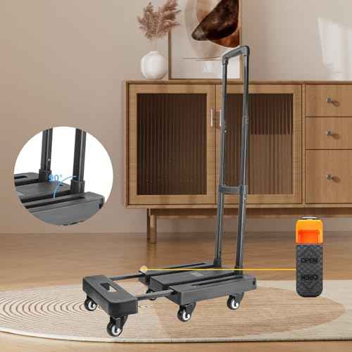Folding Hand Truck with 6 Wheel, 300 lbs Foldable Dolly Cart with 2 Lashing Straps, Versatile, Foldable & Easily Portable Luggage Cart and Utility Cart for Moving, Shopping
