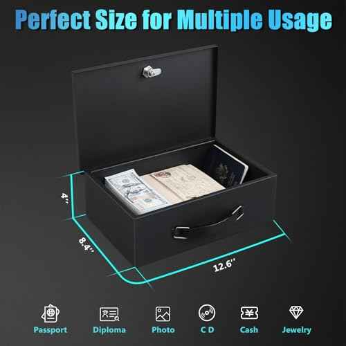 xydled Fire Resistant Safe Fire Safe Box with Key Lock for Home Office Security Storage for Valuables Documents,12.8 x 8.5 x 4.5 Inch,Black