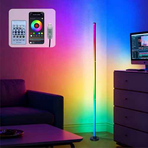 RGB LED Corner Floor Lamp£¬DIY Floor Lamp with Music Sync and 16 Million Colors, 213 Dynamic Modes, App & Remote Control,Standingl Corner Changing Ambience Light, for Living Bedroom Room Gaming Room