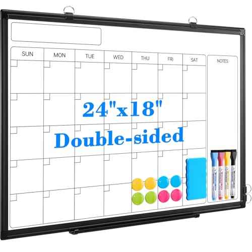 Monthly Calendar Dry Erase Whiteboard, 24" x 18" Magnetic Calendar White Board, Double-Sided Portable Board with Black Aluminium Frame for Office, Kitchen, School, Home