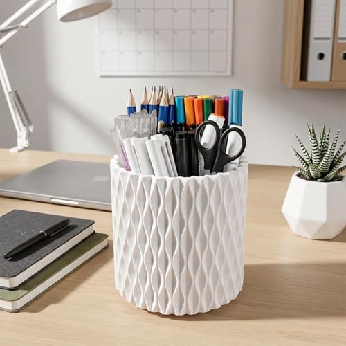 Lebenrich White Rotating Pen Holder for Desk, 5 Compartments, Water Ripple Design