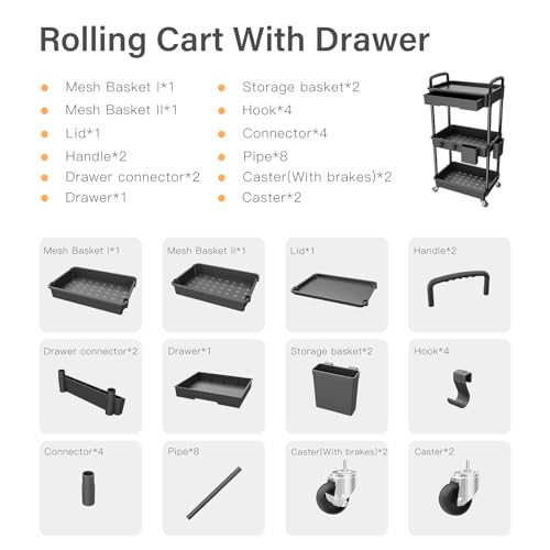 Black 3-Tier Rolling Utility Cart with Drawer - Multi-Purpose Storage Organizer