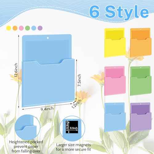 Fuutreo 6 Pcs Magnetic Wall File Organizer Magnetic Wall File Holder Refrigerator Magazine Holder for Mail Letters Paper(Macaron Color,10 x 13 Inch,Vertical)