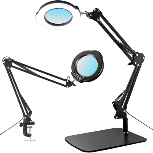 15X Magnifying Glass Desk Lamp with Metal Base, 5 Color Modes 10 Levels Adjustable Brightness, 360¡Æ Rotatable Flexible Aluminum Arms ? Ideal for Reading, Crafting, Close Work, Eye-Caring Table Lamp