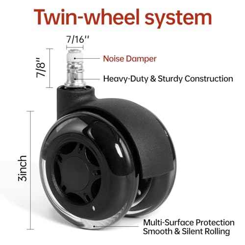 Office Chair Wheels, 3 Inch Double Rollerblade Office Chair Wheel Replacement-Smooth & Quiet Rolling Chair Wheels for Hardwood Floors & Carpet for Heavy Duty Gaming Chair Set of 5 Black