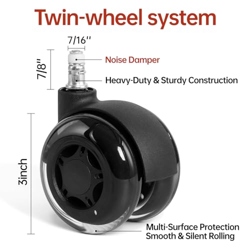 BILKOH 3-Inch Office Chair Wheels - Double Rollerblade, Ultra Quiet, Heavy-Duty (Set of 5) Black