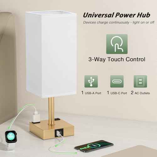 aooshine Gold Base Touch Lamps Set of 2 - Nightstand Lamp with USB-C + A Charge Ports & AC Outlets, 3-Way Dimmable Bedside Lamp, Small Table Lamp Light for Bedroom (Bulb Included)