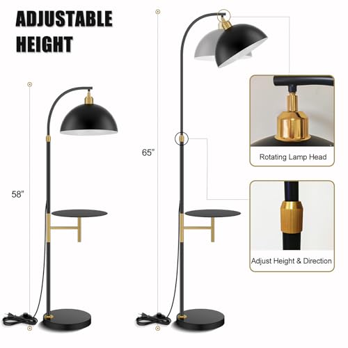 Floor Lamp with table Industrial Adjustable Height Arc Floor Reading Lamp with Shelves End Table Floor Lamp for Living Room Arc Black Standing Reading Lamp with Tray for Bedroom Office (Black White)