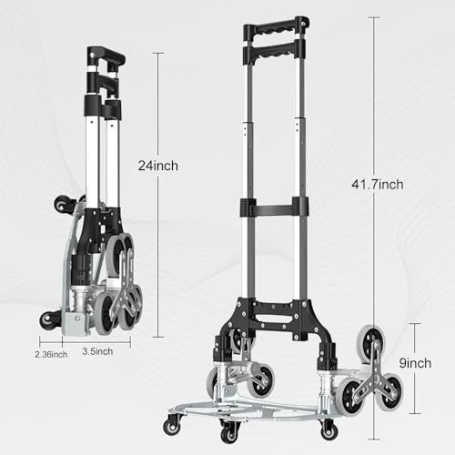 Stair Climbing Cart 180 lbs Capacity, Aluminum Portable Folding Cart with 24-41 inch Adjustable Handle Height, Stair Climbing Dolly with Universal Wheels & Elastic Ropes, for Shopping Moving Warehouse