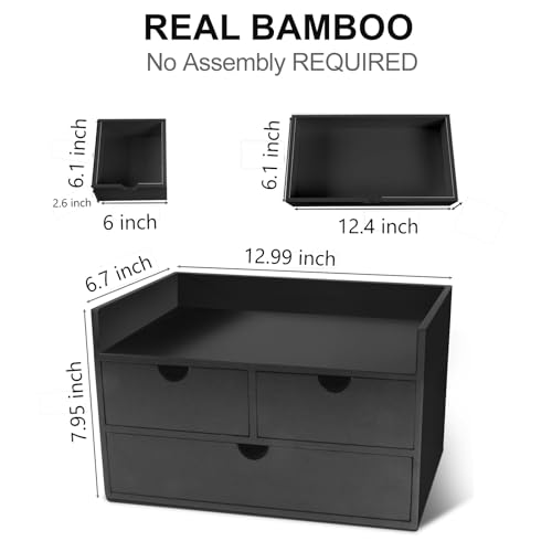 Bamboo Desk Organizer 3 Drawer with Shelf, Countertop Organizer with Drawers Makeup Storage Drawer 3 Drawers Tabletop Storage Organization Box Home Office Workspace£¨Black£©