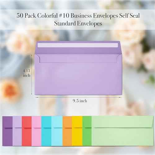 50 Pack Business Envelopes #10, 4.13 x 9.49 Inches Colored Envelopes Self Seal for Business, Invoices, Letter Mailing, Office Checks