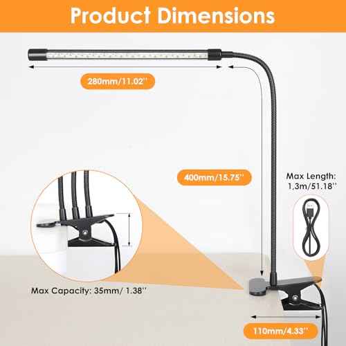 ShineTech 3-Head LED Desk Lamp with Clamp, Eye-Caring Clip-on Light for Home Office, 4 Color Modes & 6 Brightness Levels, 360¡Æ Flexible Gooseneck Desk Lights for Dorm Room, Reading, Nail, Black