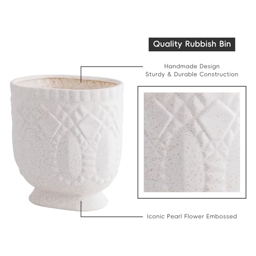 Bathroom Trash Can, Ceramic Wastebasket Garbage Container for Bathroom, Bedroom, Dorm, College, Office, Beige-White Decorative Compact Trash Can