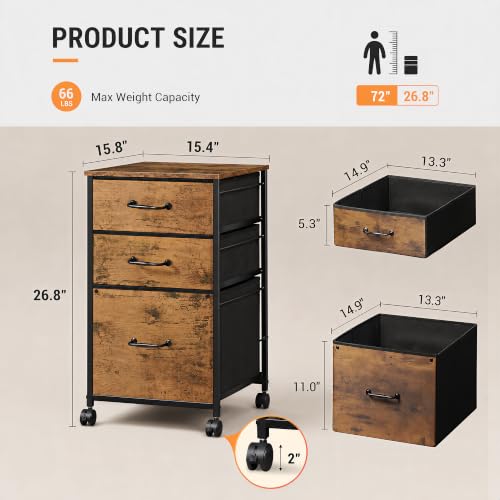 DEVAISE 3-Drawer Mobile File Cabinet + Rustic Brown Wood Grain 15.8''D x 15.4''W x 26.8''H