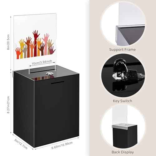 Acrylic Suggestion Box Large Donation Box 16 x 6.7 x 5 Inch Safe Ballot with Lock and Sign Holder for Voting Charity Business Cards Collection Display Ticket Comment(Black)