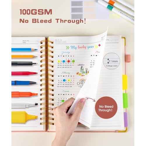 Hardcover Spiral Notebook Journal with Removable Dividers Tabs, 300 Pages Leather 5 Subject Notebook College Ruled, 8"x10" Large B5 Notebooks for Work School Note taking, Lined Journal for Women, Pink
