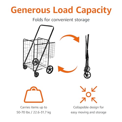 Large Foldable Utility Shopping Cart with 360° Swivel Wheels - Heavy Duty Metal, Extra Large Black