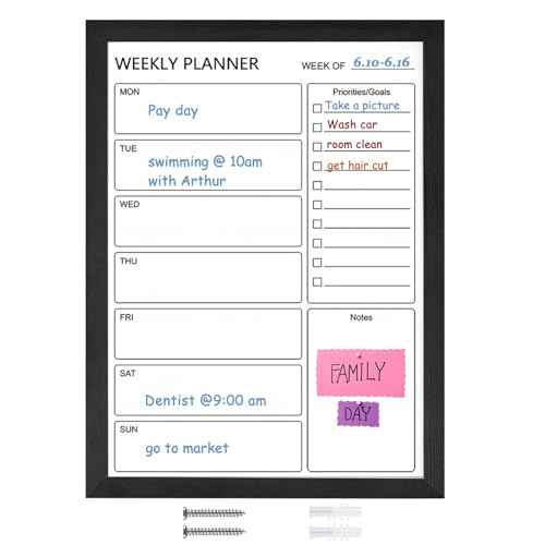 Dry Erase White Board Weekly Calendar Board, Magnetic Whiteboard for Wall,17.7¡°x23.6 Solid Wood Black Framed Message Board, Planner Board for Office, Home, School£¨Weekly-BB-BK-4560