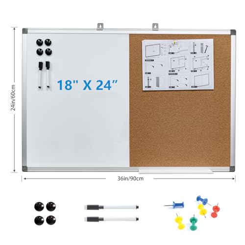 Combination Writeboard 36"x 24" Magnetic Whiteboard & Cork Board Aluminium Frame Dry Erase Board Bulletin Board Wall Mounted Memo Message