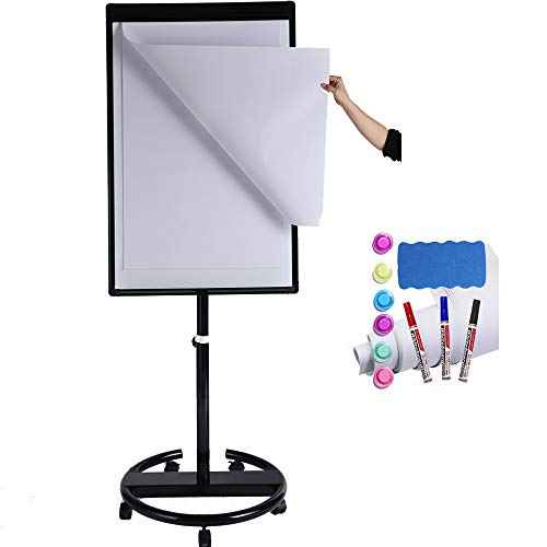 40 X 28 Inch Mobile Magnetic Whiteboard, Height Adjustable Dry Erase Board Easel on Rolling Stand with Flipchart Easel Pad, Magnets & Eraser, Black
