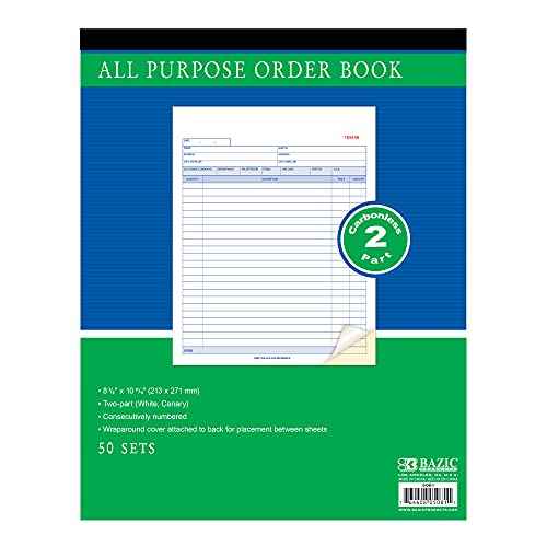 BAZIC Products All Purpose Order Book, 50 Sets 8 3/8" x 10 11/16" 2-Part Carbonless, White & Bound Wraparound Cover (50 Sets/Pk), 12-Packs