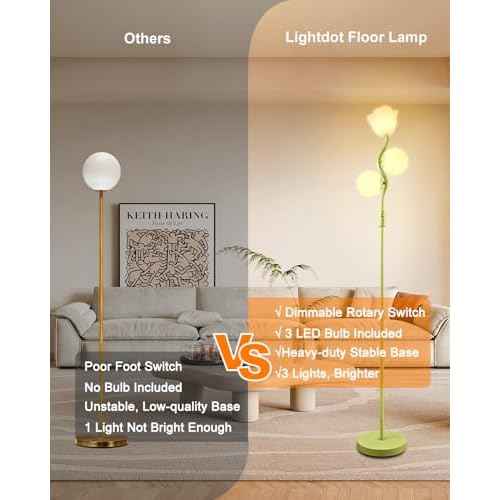 Lightdot Dimmable Green Floor Lamp, Mid Century Standing Lamps with 1 Flower & 2Globe Lampshades & 3PCS Warm White 3000K Bulbs Included, Modern Tall Lamp for Living Room