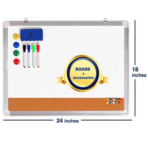 White Board Cork Board Combo - 24x18 in Dry Erase Board with Cork and 1 Magnetic Eraser, 4 Dry Wipe Markers, 4 Magnets and 10 Pins - Wall Hanging Whiteboard with Corkboard for Home and Office