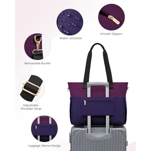 LOVEVOOK Laptop Bag for Women 15.6 Inch Canvas Laptop Large Capacity Work Bags Mutiple Pockets Teacher Bag Water Resistant Computer Bags for Business Travel Nurse, Dark Purple-Black
